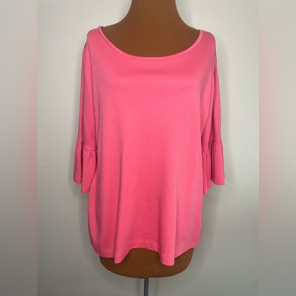 Chicos Flounce Sleeve Top Pink Scoop Neck 3/4 Bell Sleeves Cotton Size 2 (Large) - Picture 1 of 8